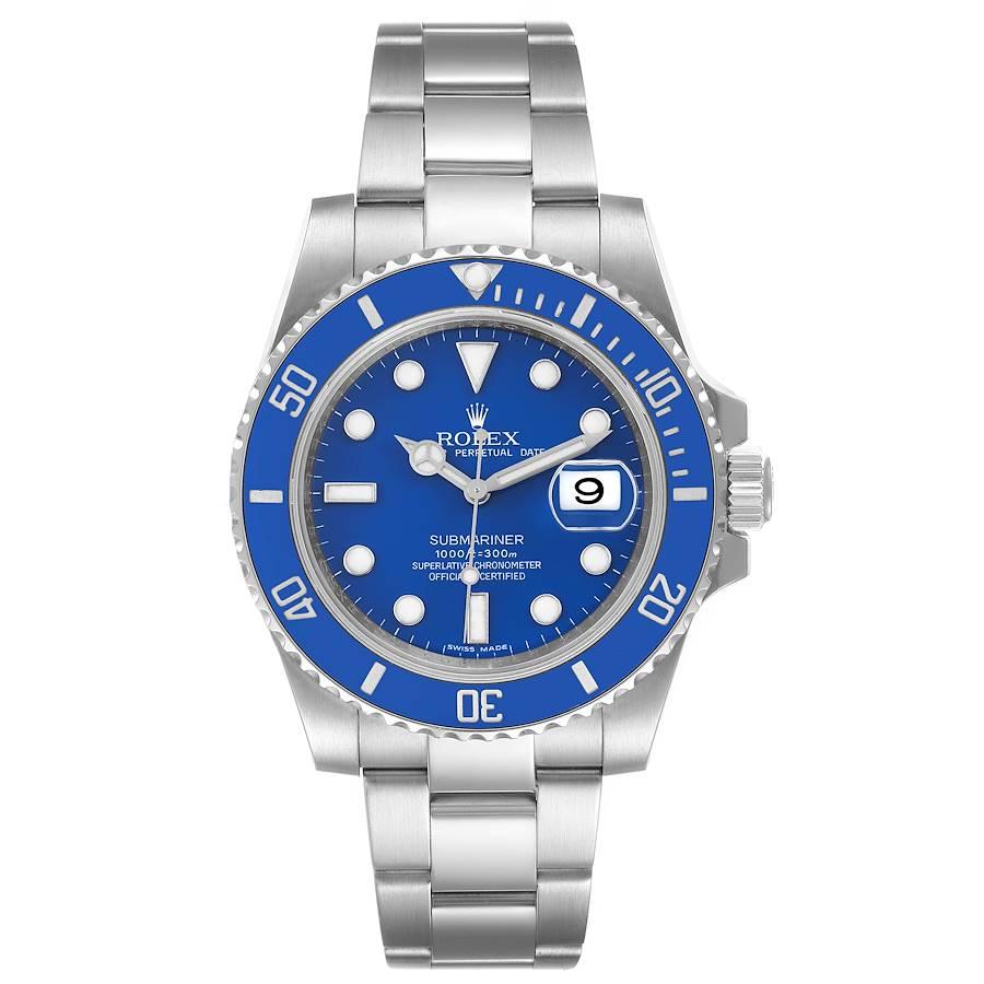 Rolex Submariner Smurf White Gold Blue Dial Bezel Watch 116619 Box Card. Officially certified chronometer self-winding movement. 18k white gold case 40.0 mm in diameter. Rolex logo on a crown. Ceramic blue Ion-plated special time-lapse