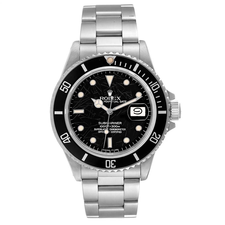 Rolex Submariner Spider Dial Steel Vintage Mens Watch 16800. Automatic self-winding movement. Stainless steel case 40.0 mm in diameter. Stainless steel with the black insert bi-directional diver's count-up timing rotating bezel. Scratch resistant
