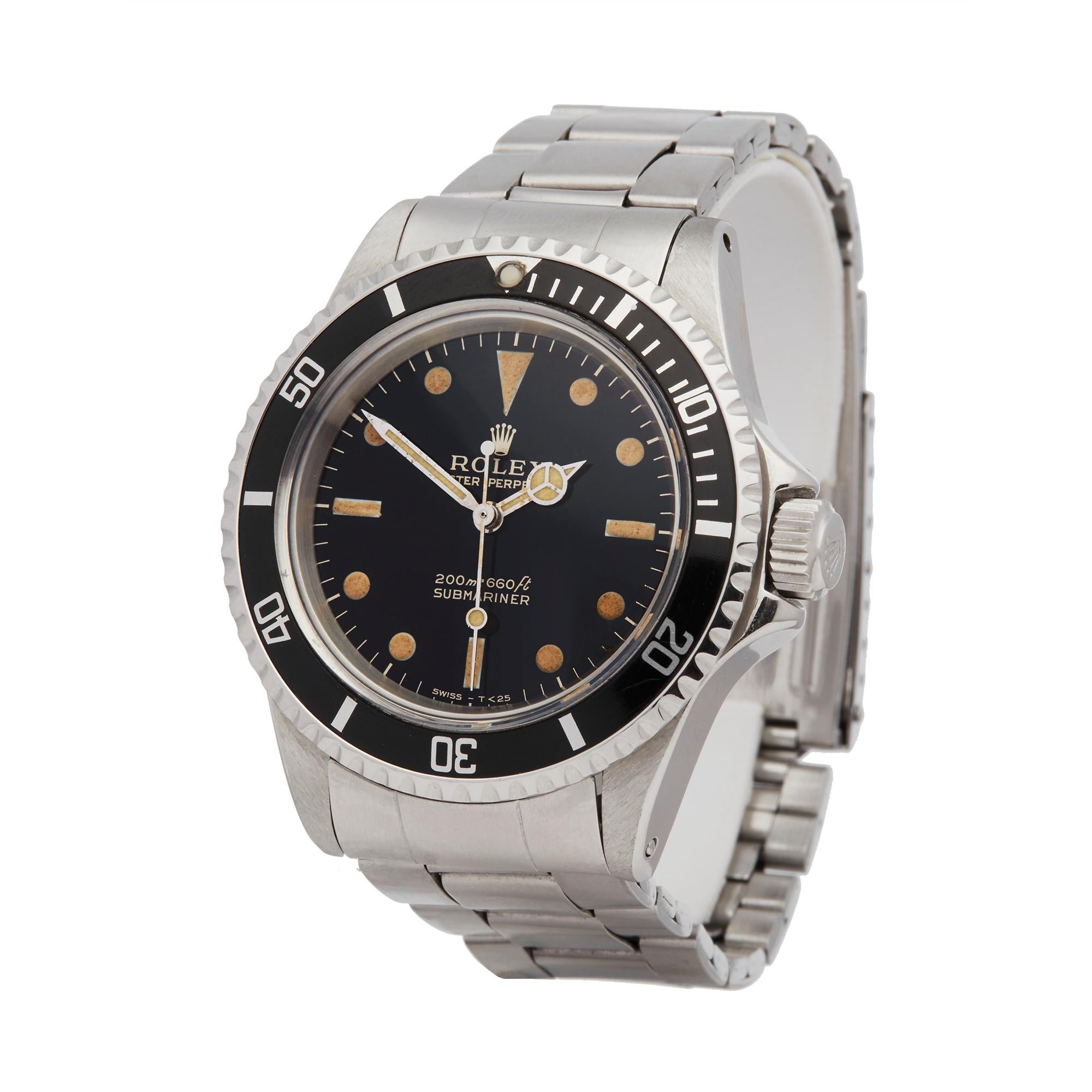 Reference: COM2017
Manufacturer: Rolex
Model: Submariner
Model Reference: 5513
Age: 2nd September 1967
Gender: Men's
Box and Papers: Box, Manuals and Guarantee
Dial: Black
Glass: Plexiglass
Movement: Automatic
Water Resistance: To Manufacturers