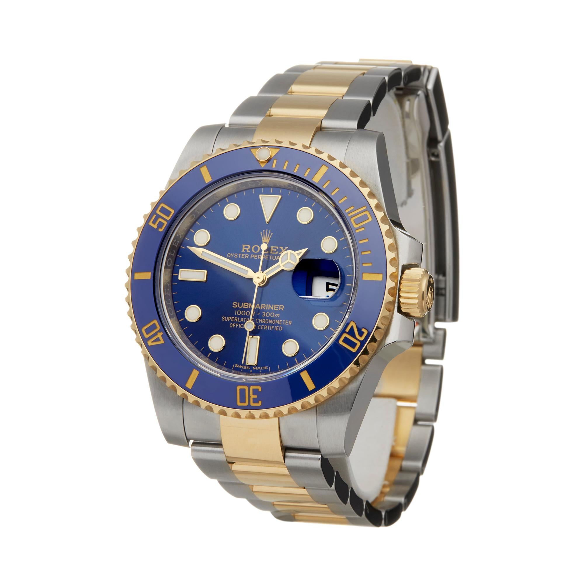 Reference: W5996
Manufacturer: Rolex
Model: Submariner
Model Reference: 116613LB
Date: 8th December 2016
Gender: Men's
Box and Papers: Box, Manuals and Guarantee
Dial: Blue
Glass: Sapphire Crystal
Movement: Automatic
Water Resistance: To