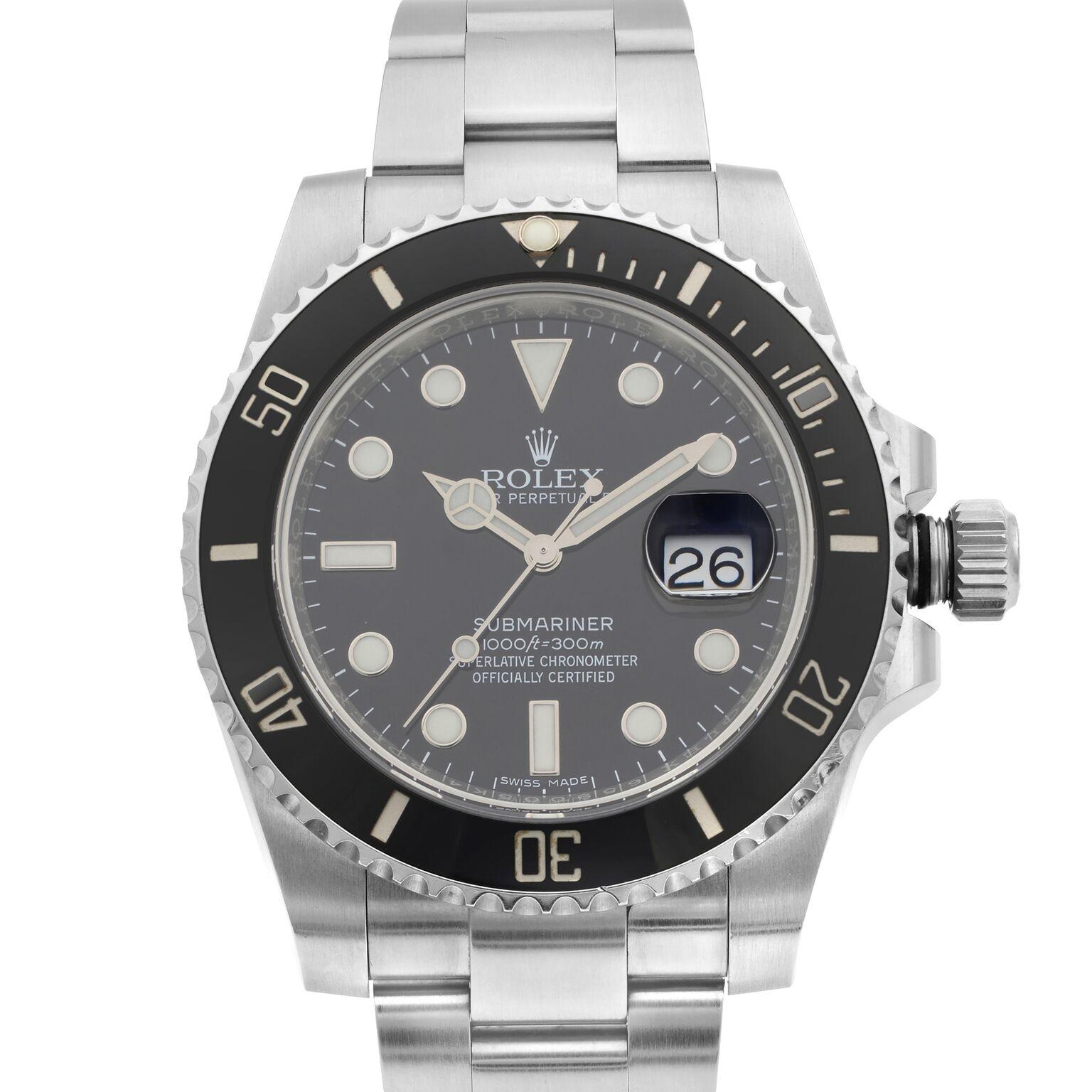 This pre-owned Rolex Submariner 116610LN is a beautiful men's timepiece that is powered by mechanical (automatic) movement which is cased in a stainless steel case. It has a round shape face, date indicator dial and has hand  style markers. It is