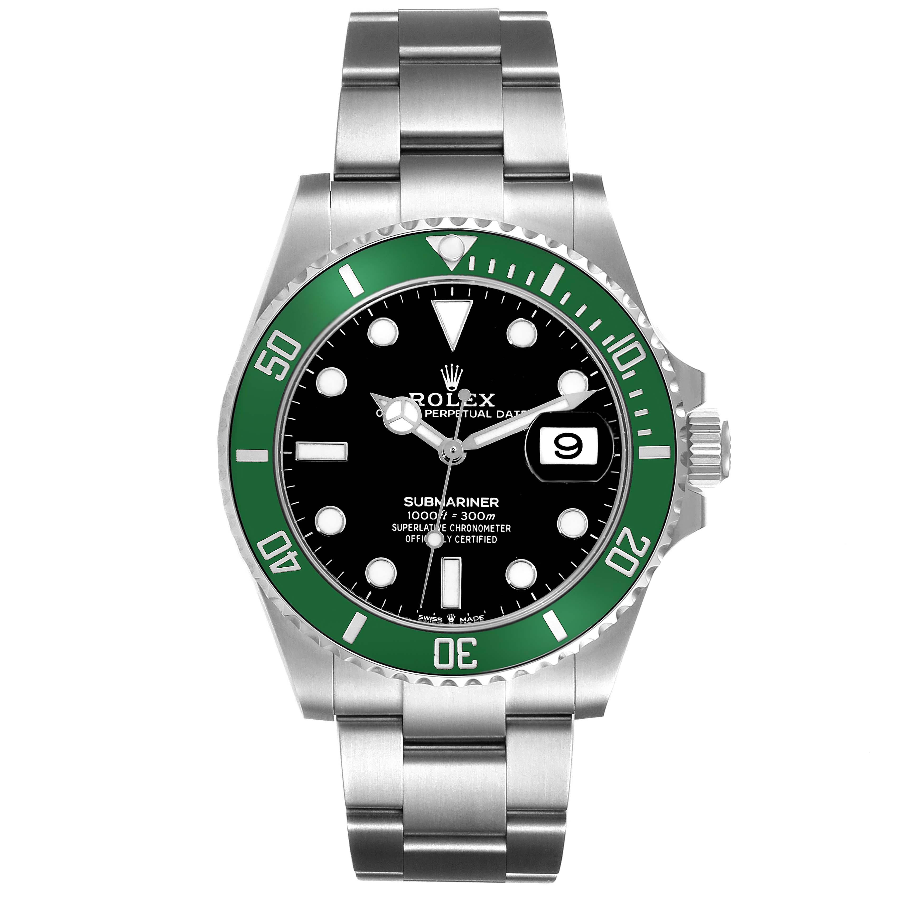 Rolex Submariner Starbucks Green Ceramic Bezel Mens Watch 126610LV Box Card. Officially certified chronometer automatic self-winding movement. Paramagnetic blue Parachrom hairspring. High-performance Paraflex shock absorbers. Stainless steel oyster