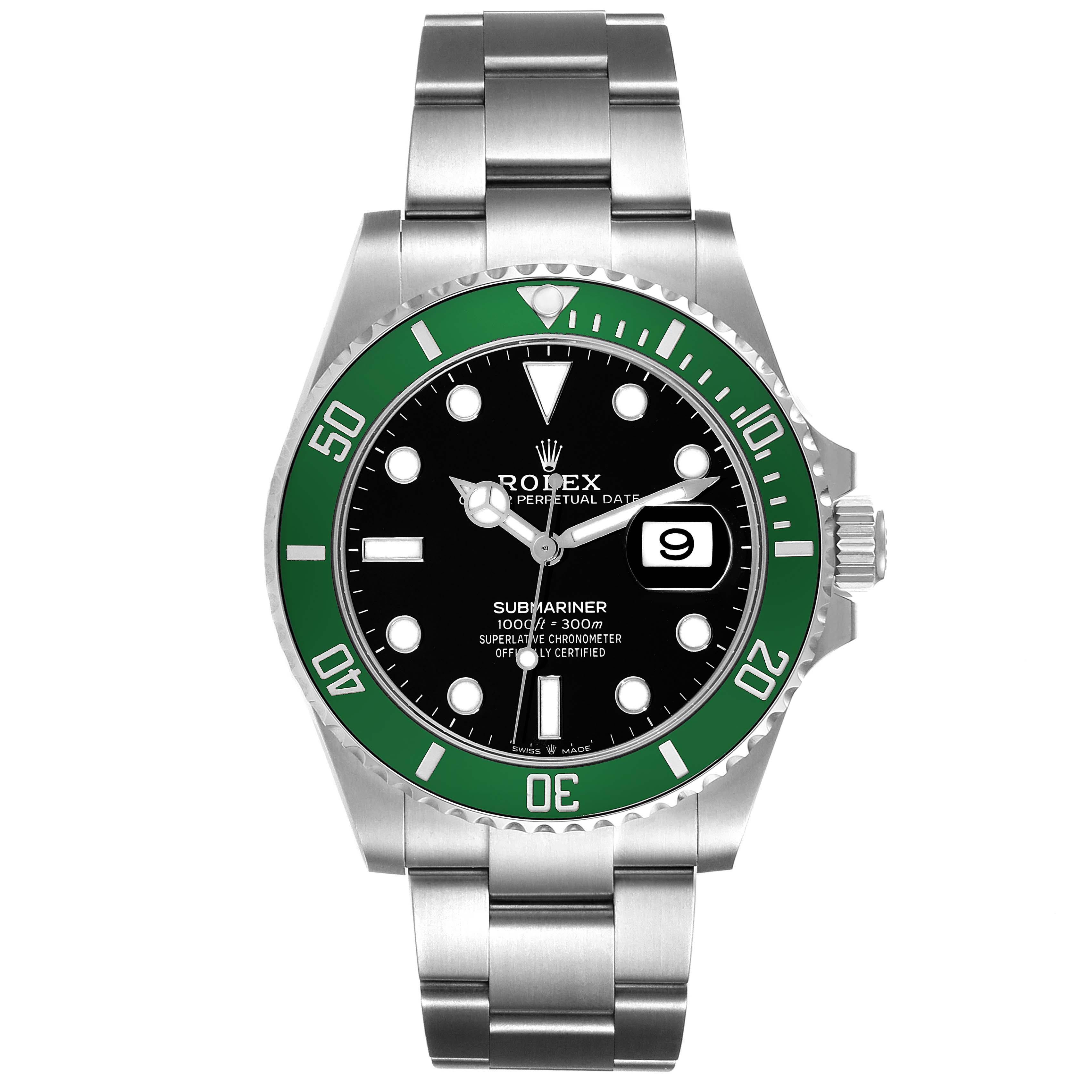 Rolex Submariner Starbucks Green Ceramic Bezel Steel Mens Watch 126610LV Box Card. Officially certified chronometer automatic self-winding movement. High-performance Paraflex shock absorbers. Stainless steel oyster case 41 mm in diameter. Rolex logo