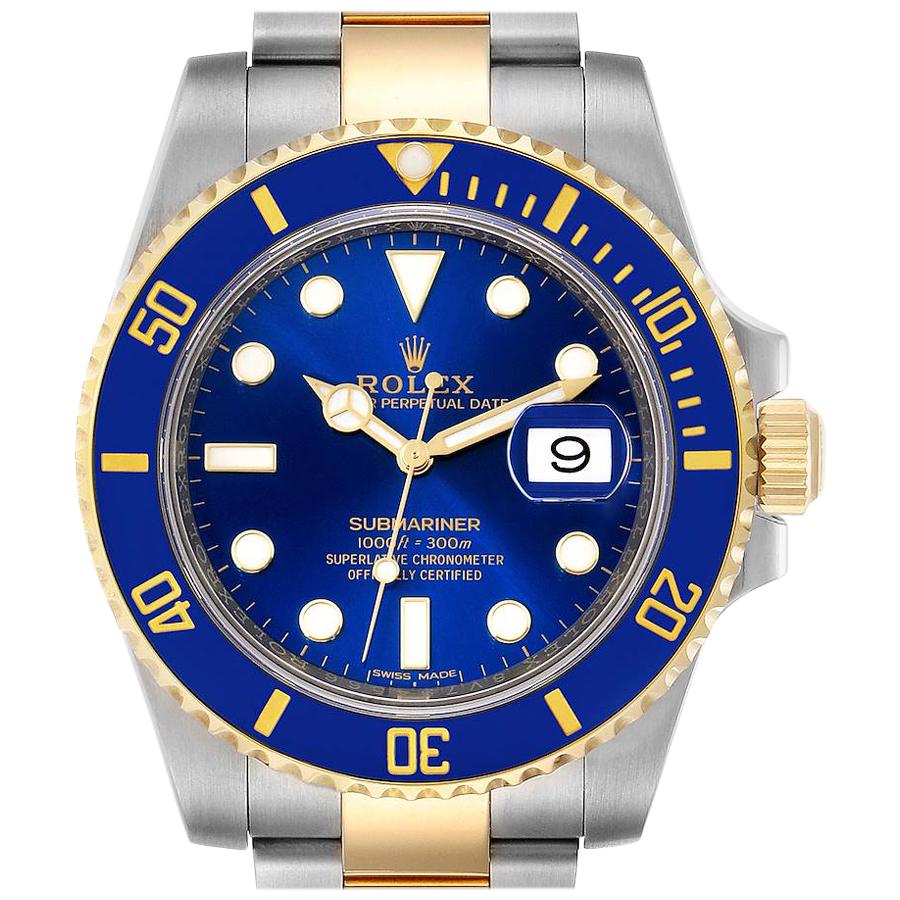 Rolex Submariner Steel 18 Karat Gold Blue Dial Men's Watch 116613 Box Card For Sale