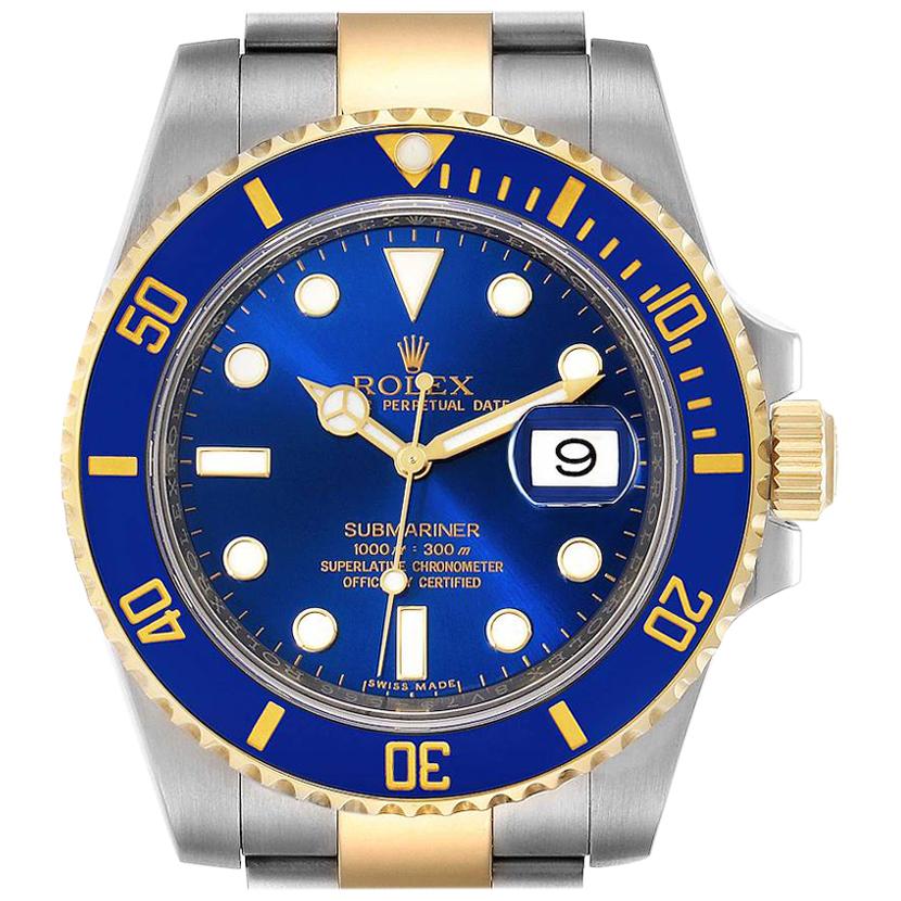 Rolex Submariner Steel 18 Karat Gold Blue Dial Men
s Watch 116613 Box Papers For Sale