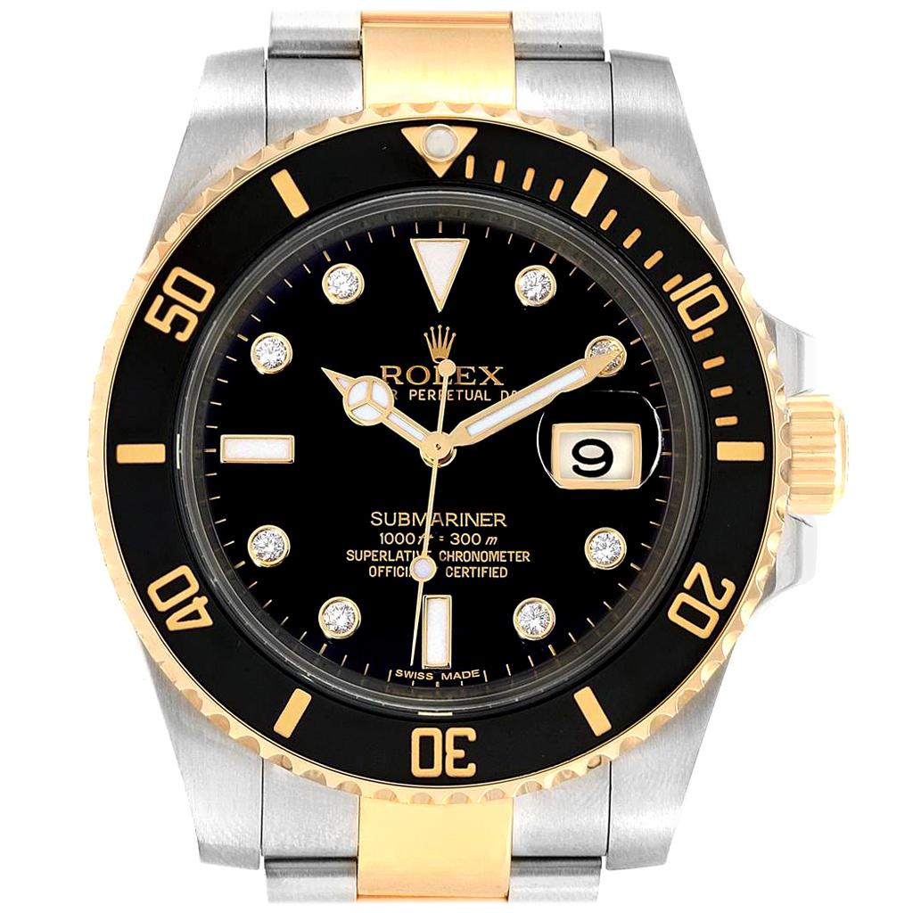 Rolex Submariner Steel 18 Karat Yellow Gold Black Diamond Dial Watch 116613 For Sale