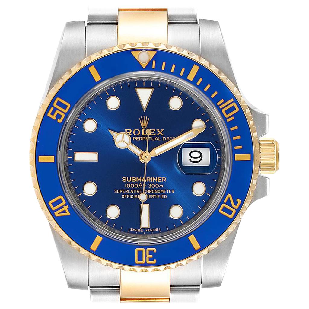 Rolex Submariner Steel 18 Karat Yellow Gold Blue Dial Watch 116613 For Sale