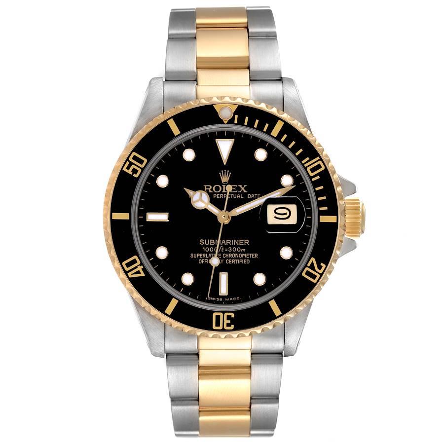 Rolex Submariner Steel 18K Yellow Gold Black Dial Mens Watch 16803. Officially certified chronometer self-winding movement. Stainless steel and 18k yellow gold case 40.0 mm in diameter. Rolex logo on a crown. Black insert special time-lapse