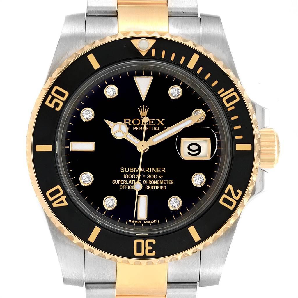 Rolex Submariner Steel 18K Yellow Gold Black Diamond Dial Watch 116613. Officially certified chronometer self-winding movement. Stainless steel and 18k yellow gold case 40.0 mm in diameter. Rolex logo on a crown. Ceramic black Ion-plated special