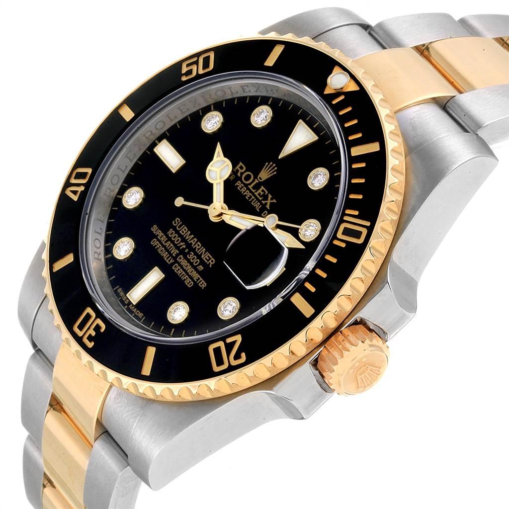 Rolex Submariner Steel 18 Karat Yellow Gold Black Diamond Dial Watch 116613 In Excellent Condition For Sale In Atlanta, GA