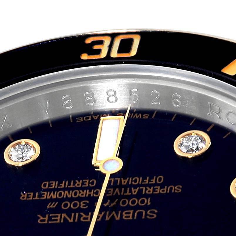 Men's Rolex Submariner Steel 18 Karat Yellow Gold Black Diamond Dial Watch 116613 For Sale