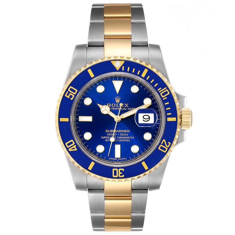 Rolex Submariner Steel 18K Yellow Gold Blue Dial Mens Watch 116613 Box Card. Officially certified chronometer self-winding movement. Stainless steel and 18k yellow gold case 40.0 mm in diameter. Rolex logo on a crown. Ceramic blue Ion-plated special