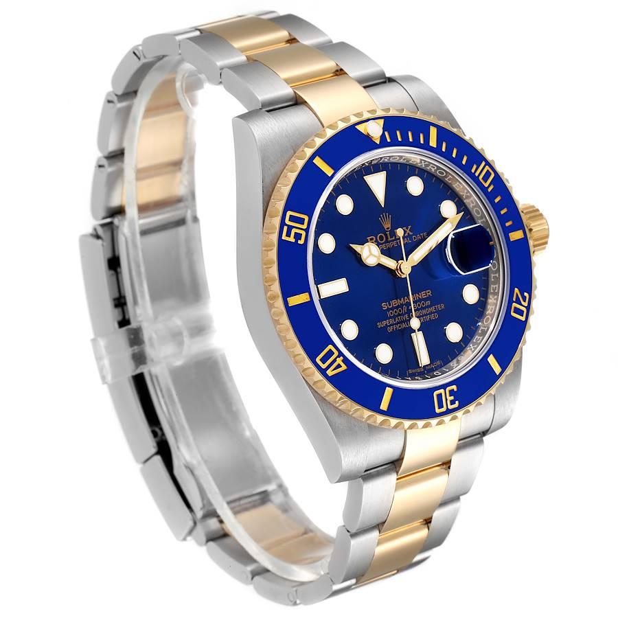 Rolex Submariner Steel 18K Yellow Gold Blue Dial Mens Watch 116613 Box Card In Excellent Condition For Sale In Atlanta, GA