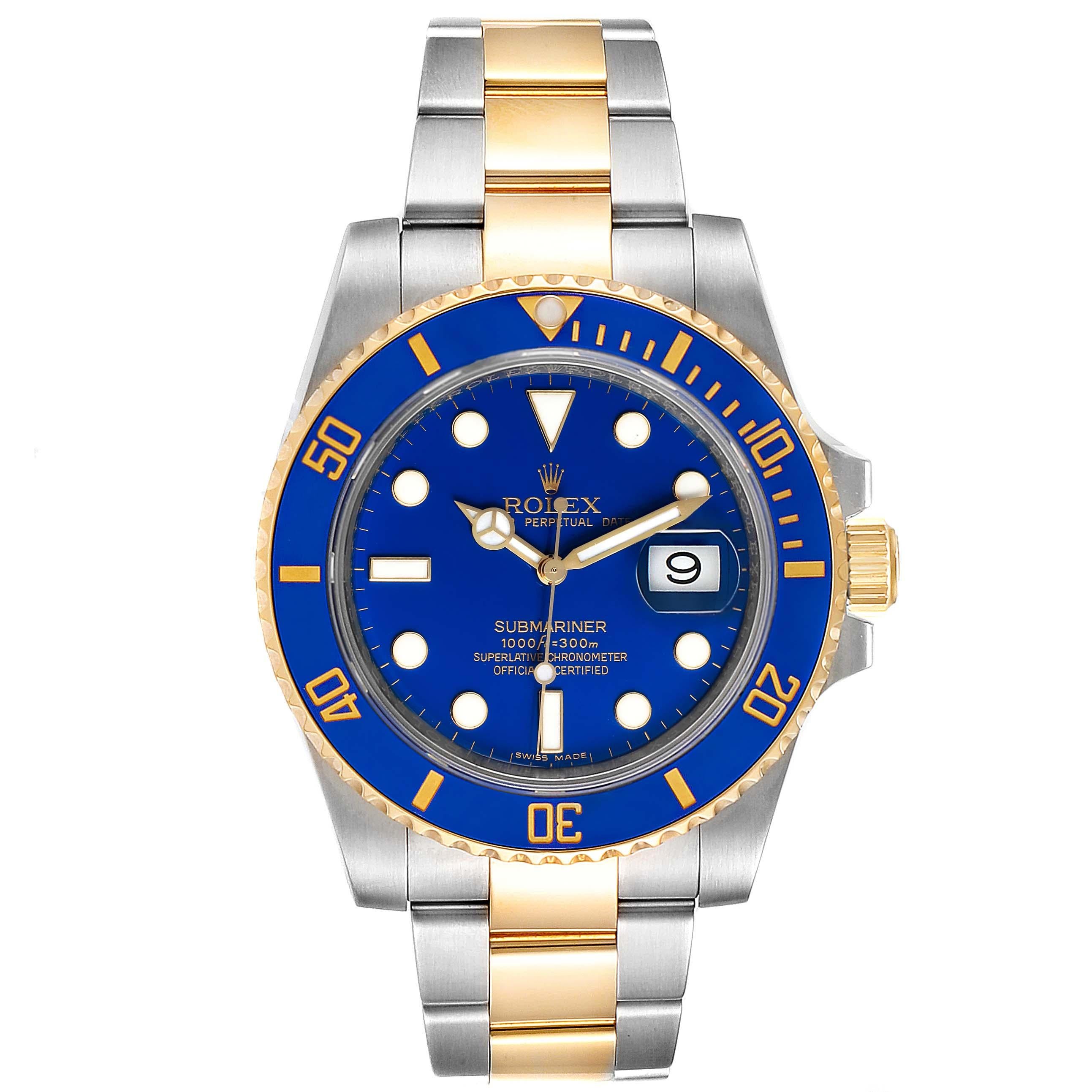 Rolex Submariner Steel 18K Yellow Gold Blue Dial Mens Watch 116613. Officially certified chronometer self-winding movement. Stainless steel and 18k yellow gold case 40.0 mm in diameter. Rolex logo on a crown. Ceramic blue Ion-plated special