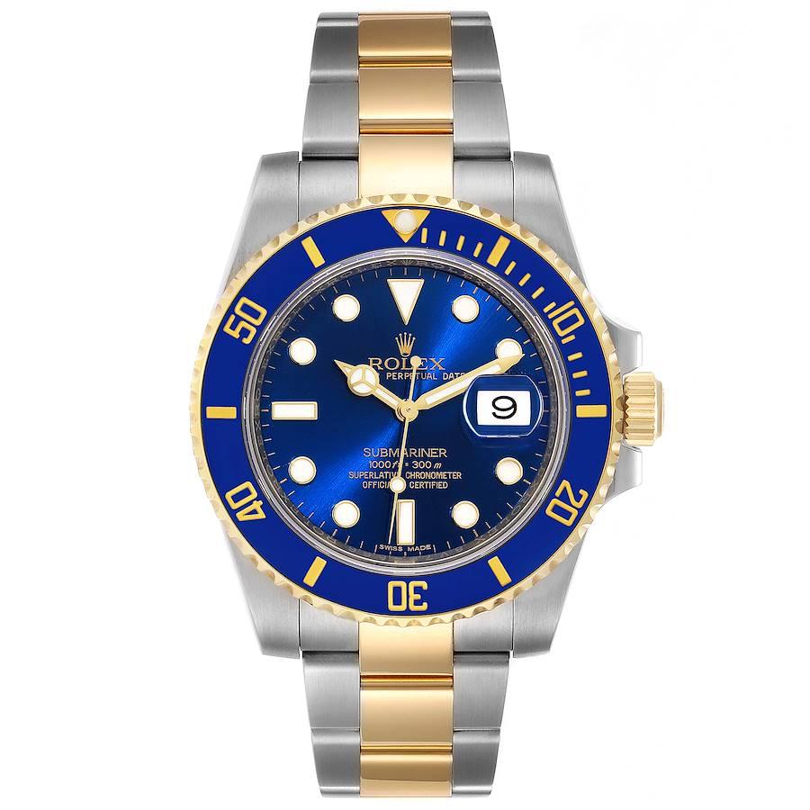 Rolex Submariner Steel 18K Yellow Gold Blue Dial Mens Watch 116613. Officially certified chronometer self-winding movement. Stainless steel and 18k yellow gold case 40.0 mm in diameter. Rolex logo on a crown. Ceramic blue Ion-plated special