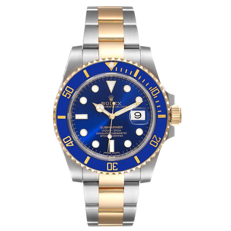 Rolex Submariner Steel 18K Yellow Gold Blue Dial Mens Watch 116613 Unworn. Officially certified chronometer self-winding movement. Stainless steel and 18k yellow gold case 40.0 mm in diameter. Rolex logo on a crown. Ceramic blue Ion-plated special