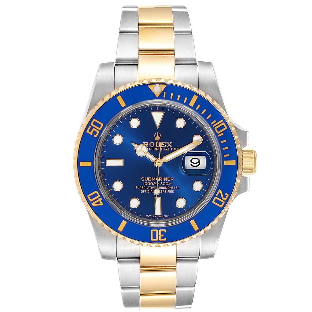Rolex Submariner Steel 18K Yellow Gold Blue Dial Watch 116613. Officially certified chronometer self-winding movement. Stainless steel and 18k yellow gold case 40.0 mm in diameter. Rolex logo on a crown. Ceramic blue Ion-plated special time-lapse