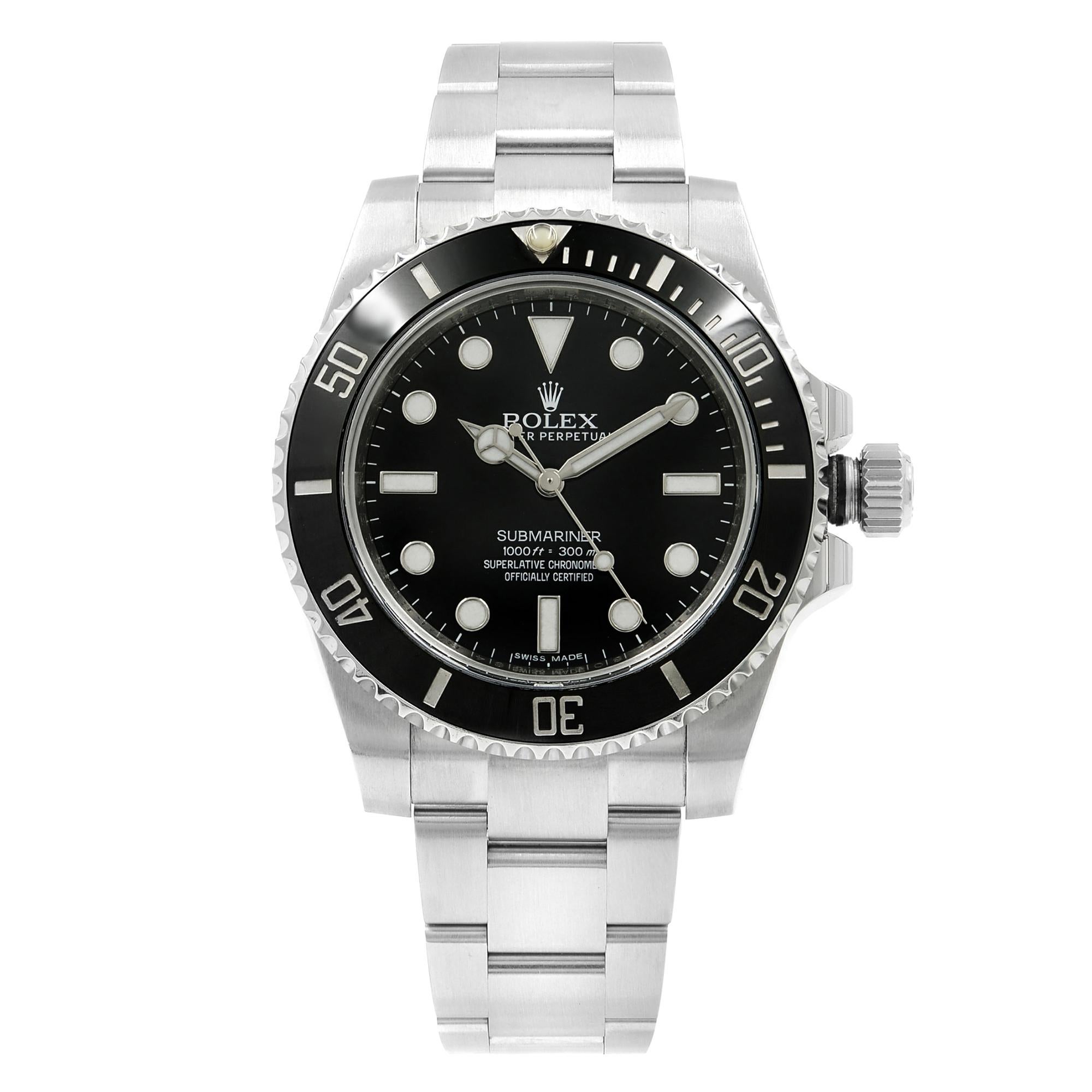 This pre-owned Rolex Submariner 114060 is a beautiful men's timepiece that is powered by an automatic movement which is cased in a stainless steel case. It has a round shape face, no features dial, and has hand sticks & numerals style markers. It is