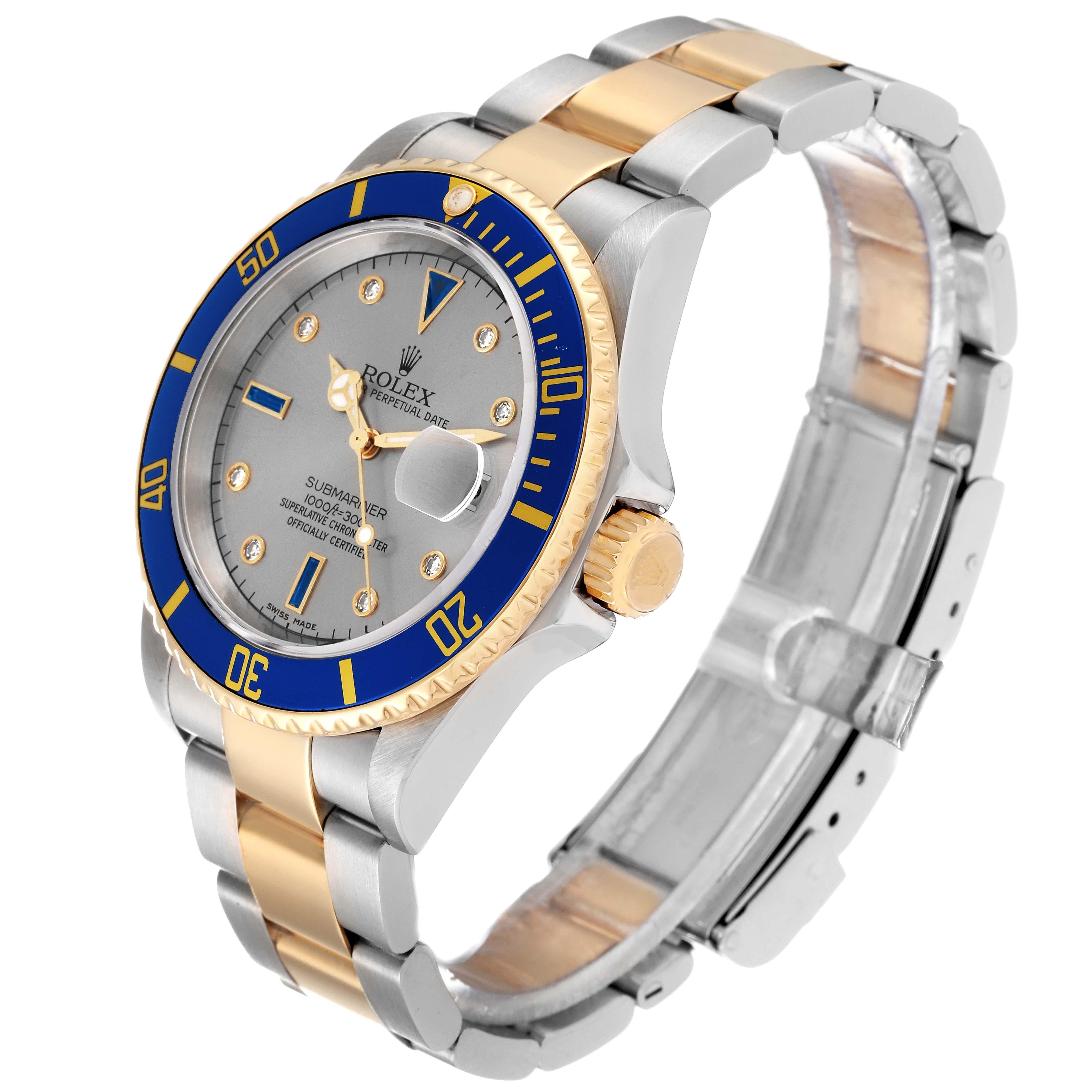 Rolex Submariner Steel Gold Diamond Sapphire Serti Dial Mens Watch 16613 For Sale 7