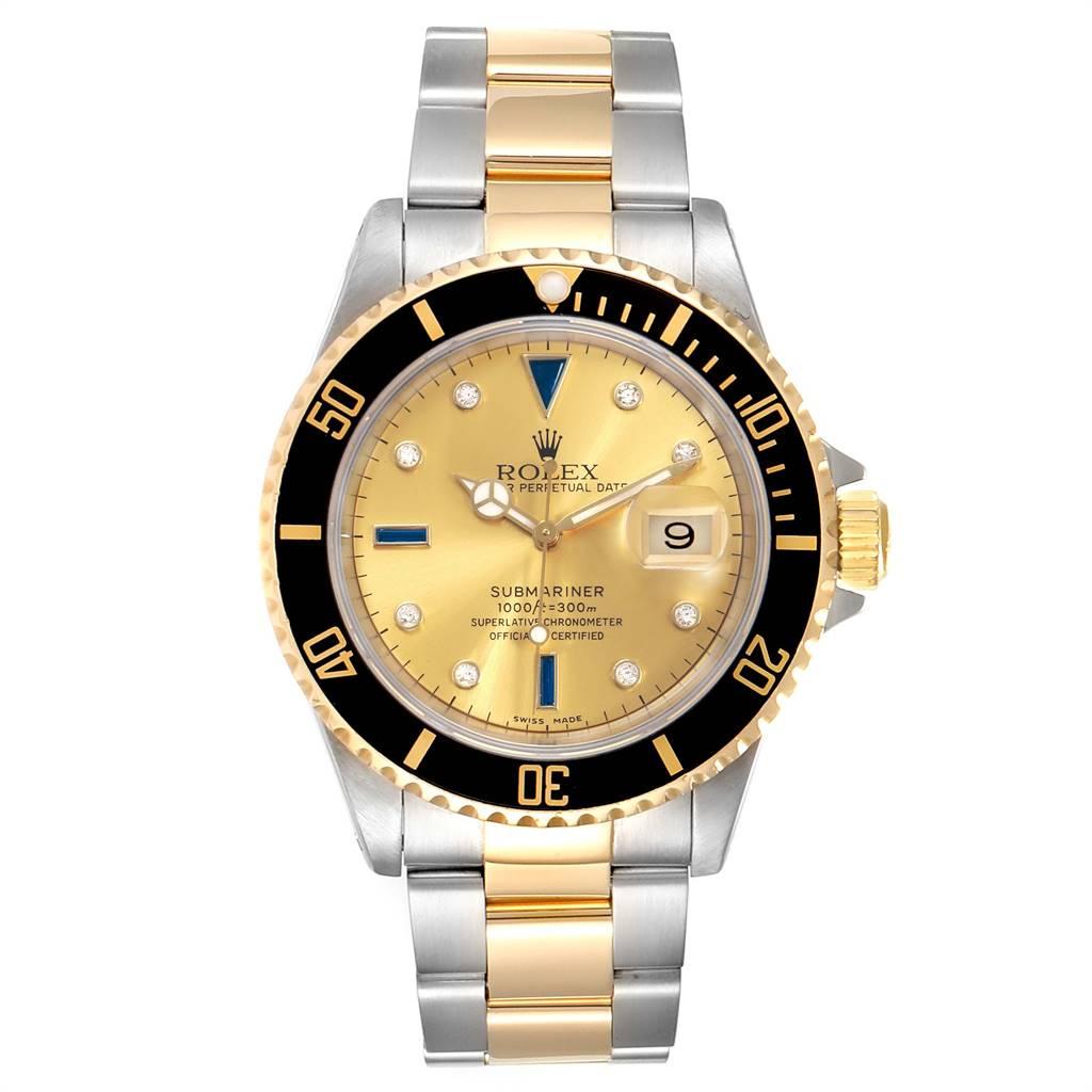 Rolex Submariner Steel Gold Diamond Sapphire Serti Dial Mens Watch 16613. Officially certified chronometer self-winding movement. Stainless steel and 18k yellow gold case 40 mm in diameter. Rolex logo on a crown. Blue insert special time-lapse