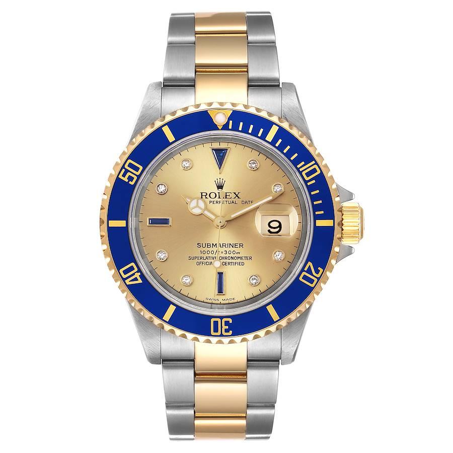 Rolex Submariner Steel Gold Diamond Sapphire Serti Dial Mens Watch 16613. Officially certified chronometer self-winding movement. Stainless steel and 18k yellow gold case 40 mm in diameter. Rolex logo on a crown. Blue insert special time-lapse