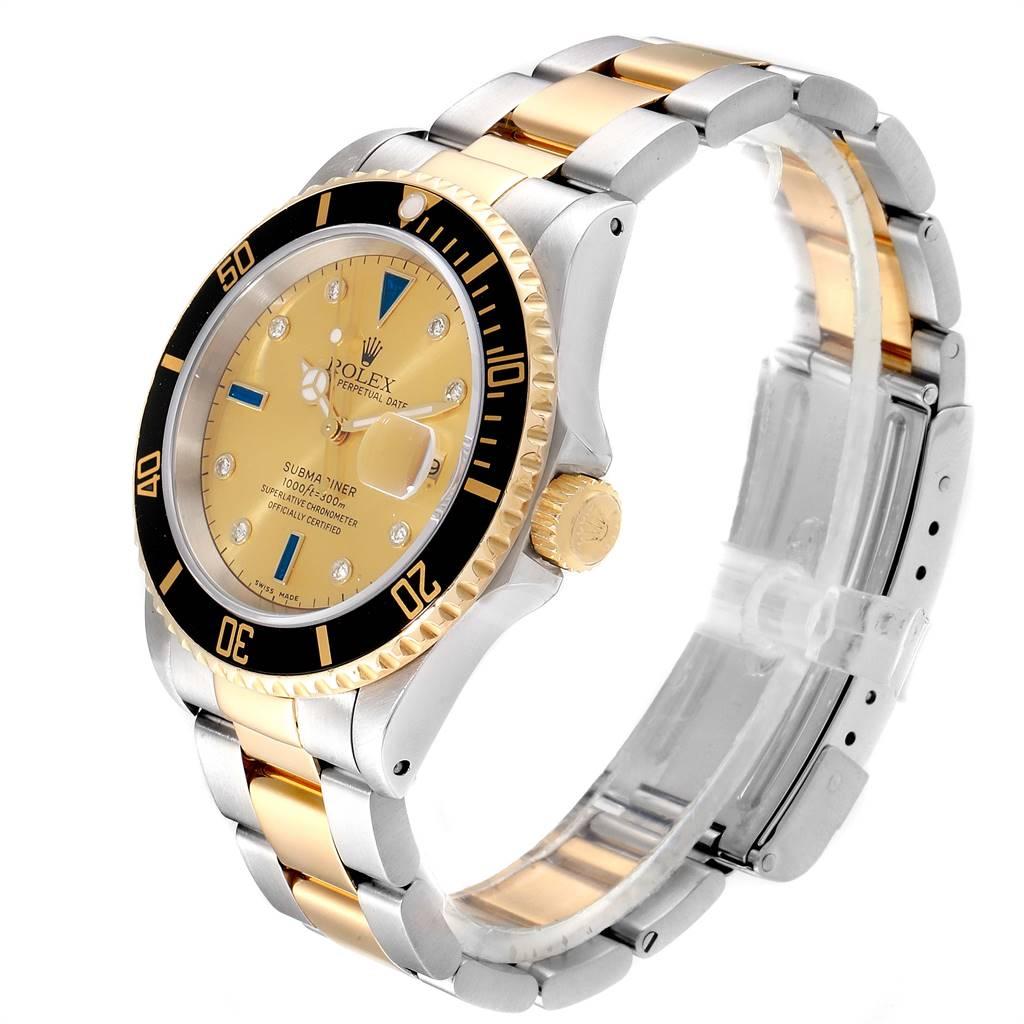 Rolex Submariner Steel Gold Diamond Sapphire Serti Dial Men's Watch 16613 In Excellent Condition For Sale In Atlanta, GA