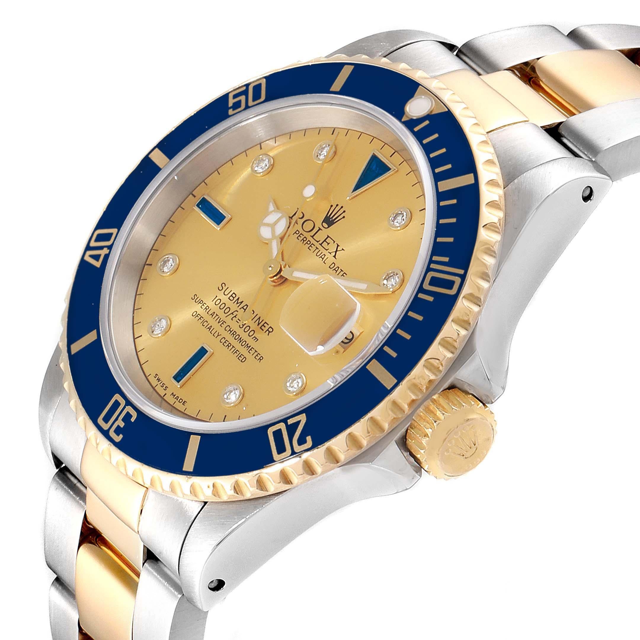 Rolex Submariner Steel Gold Diamond Sapphire Serti Dial Men's Watch 16613  For Sale at 1stDibs