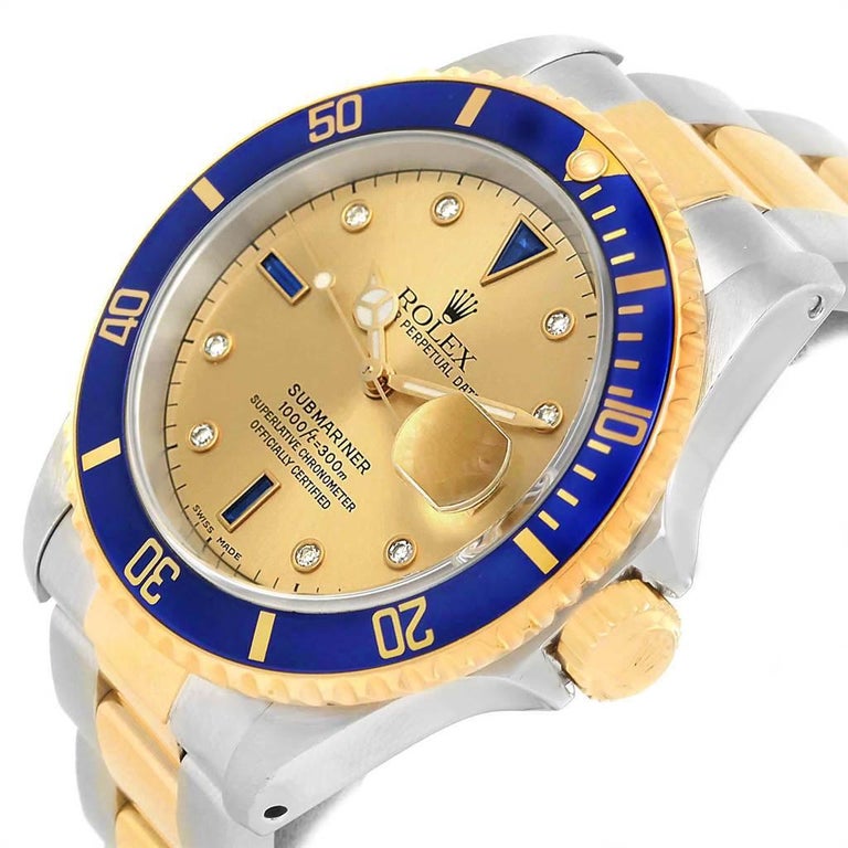 Rolex Submariner Steel Gold Diamond Sapphire Serti Dial Men’s Watch
