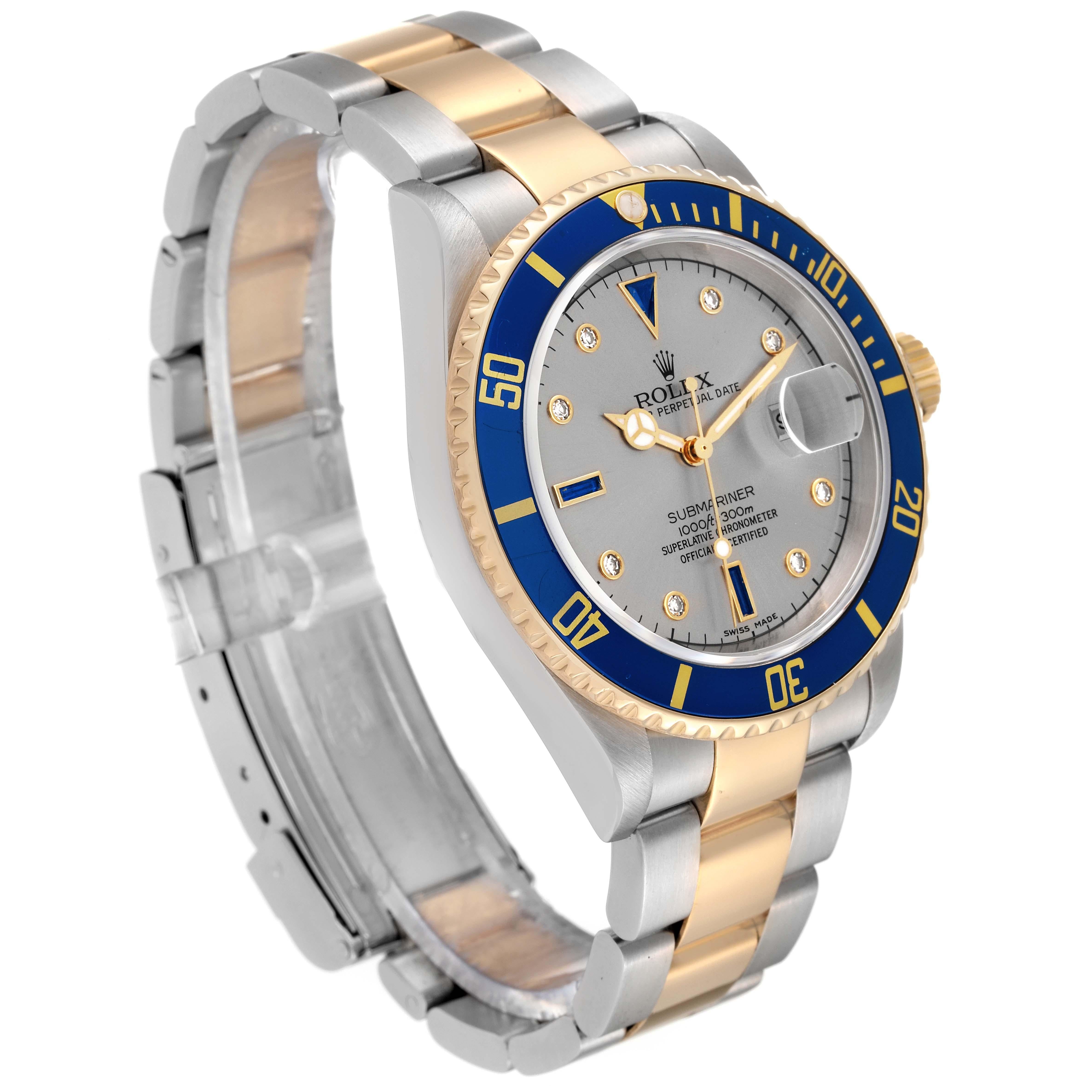 Rolex Submariner Steel Gold Diamond Sapphire Serti Dial Mens Watch 16613 For Sale 2