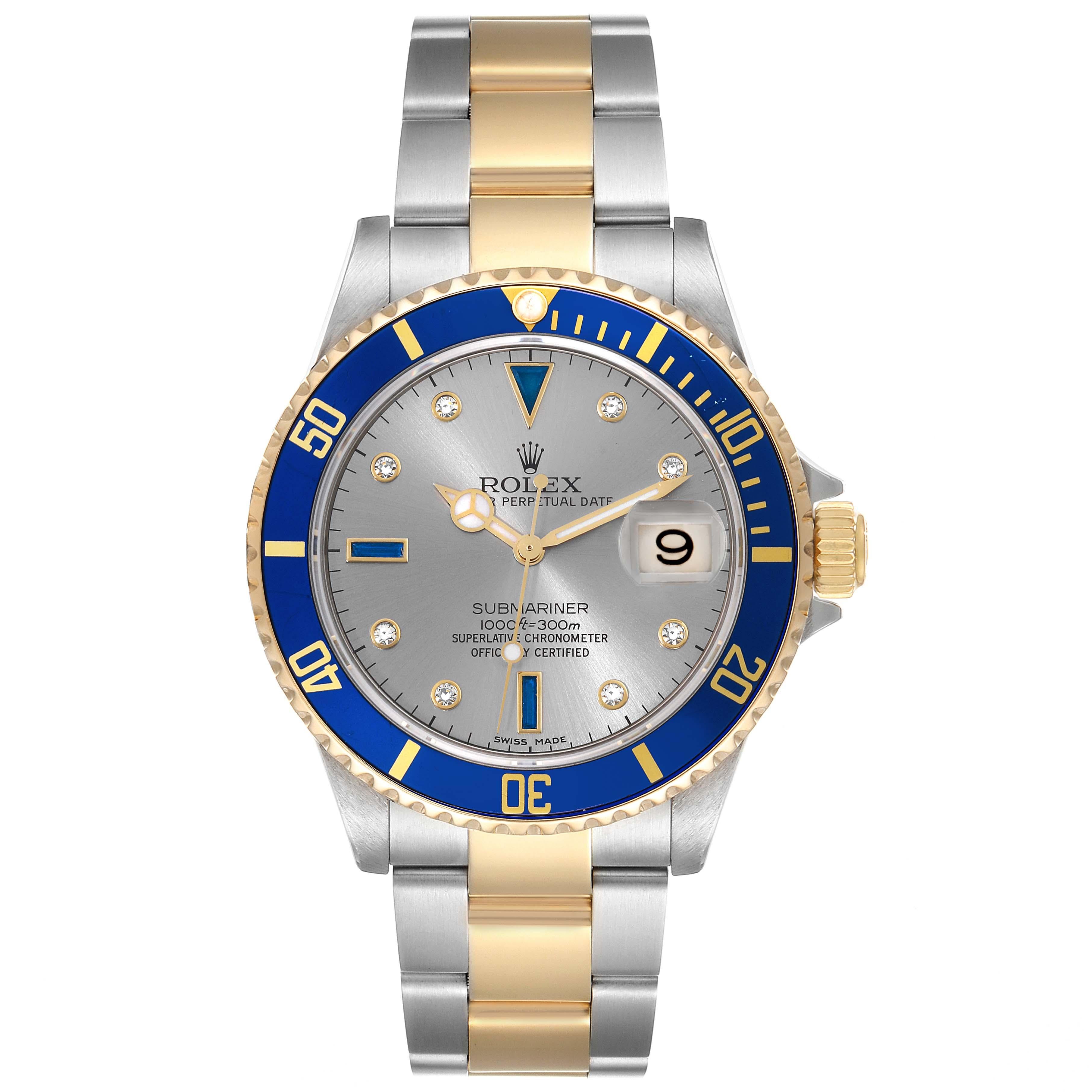 Rolex Submariner Steel Gold Diamond Sapphire Serti Dial Mens Watch 16613 For Sale 5
