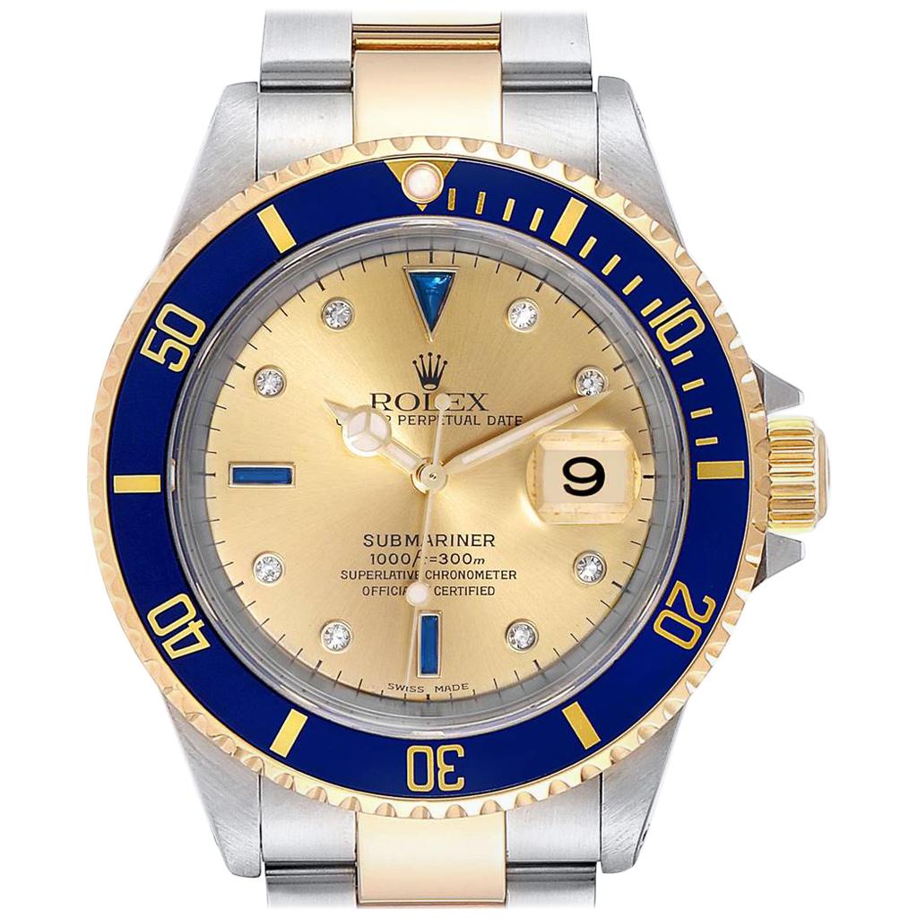 Rolex Submariner Steel Gold Diamond Sapphire Serti Dial Men's Watch 16613
