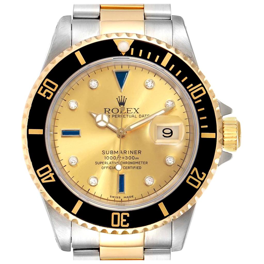 Rolex Submariner Steel Gold Diamond Sapphire Serti Dial Men's Watch 16613 For Sale