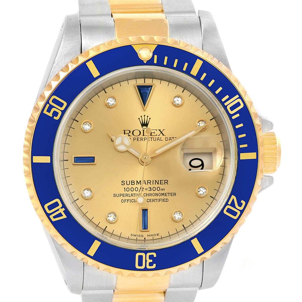 Rolex Submariner Steel Gold Diamond Sapphire Serti Dial Men’s Watch 16613