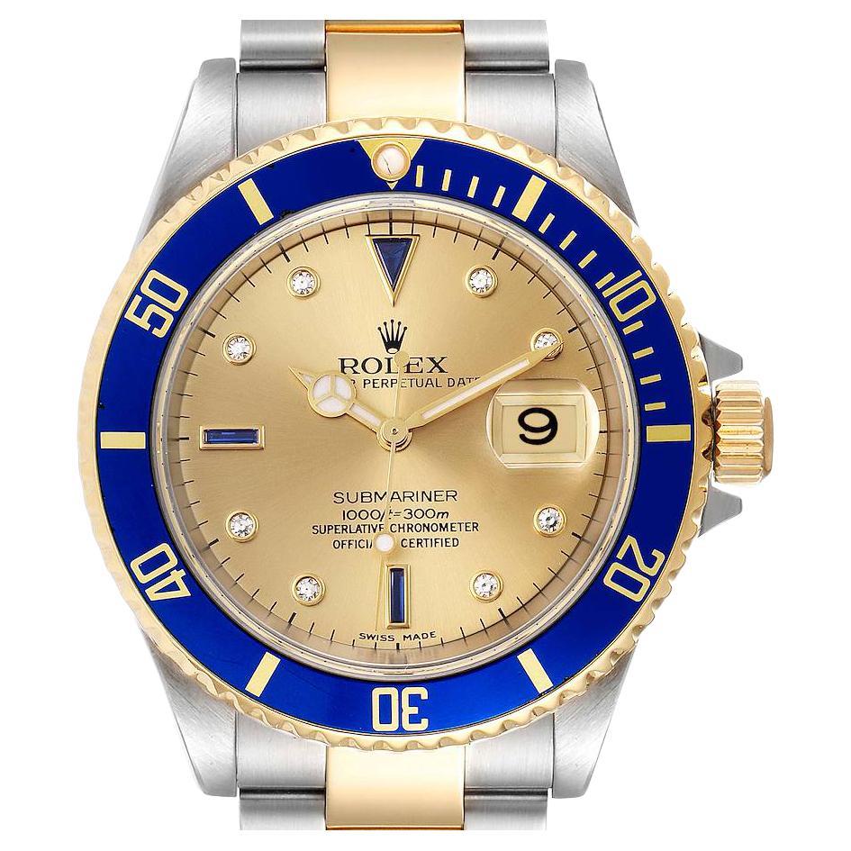 Rolex Submariner Steel Gold Diamond Sapphire Serti Dial Mens Watch 16613 For Sale