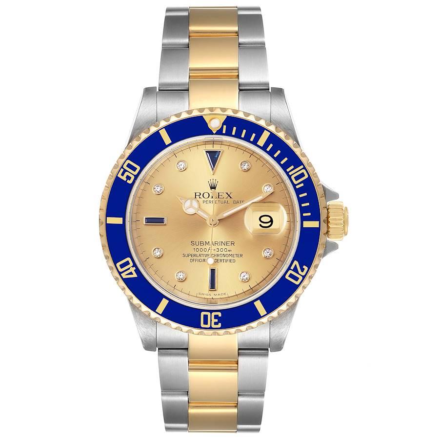 Rolex Submariner Steel Gold Diamond Sapphire Serti Dial Watch 16613 Box Card. Officially certified chronometer self-winding movement. Stainless steel and 18k yellow gold case 40 mm in diameter. Rolex logo on a crown. Blue insert special time-lapse
