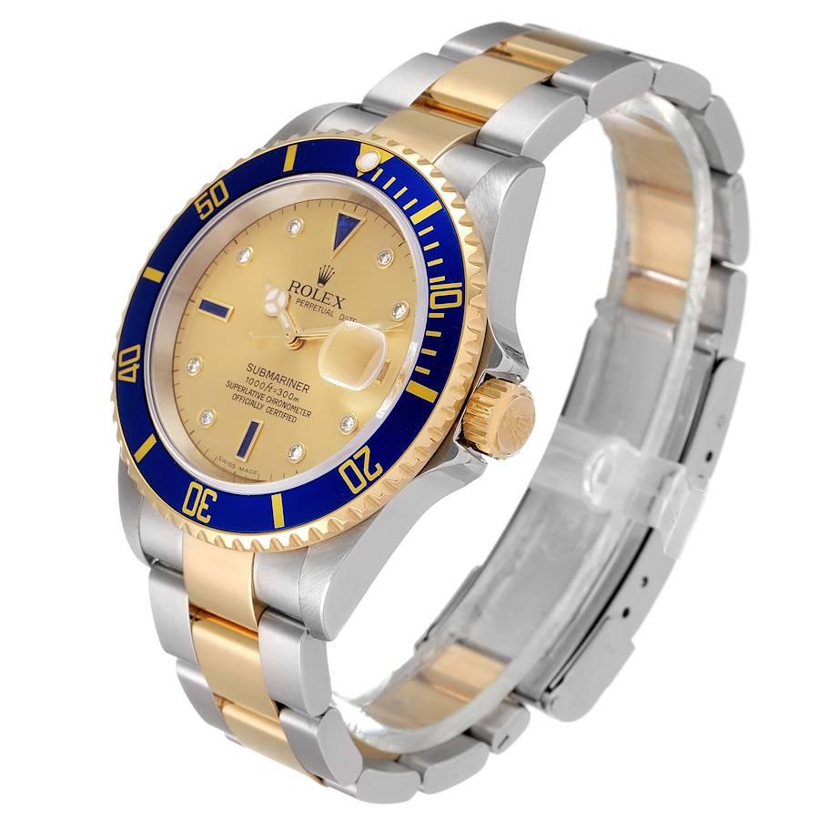 Rolex Submariner Steel Gold Diamond Sapphire Serti Dial Watch 16613 Box Card In Excellent Condition In Atlanta, GA