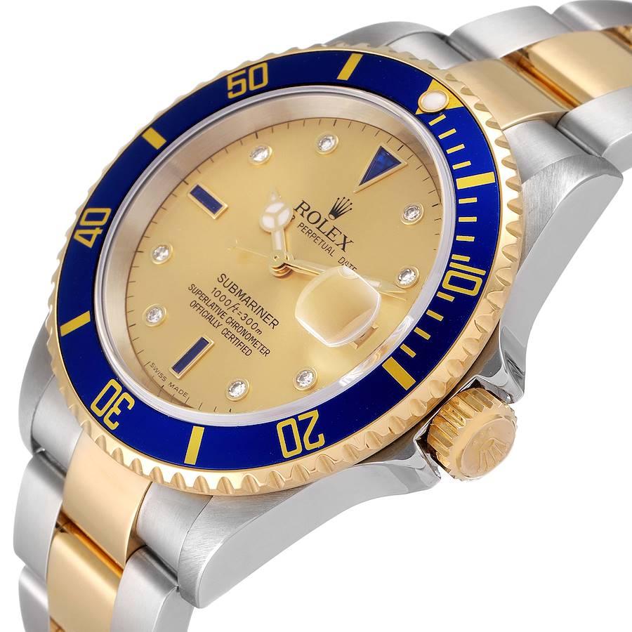 Men's Rolex Submariner Steel Gold Diamond Sapphire Serti Dial Watch 16613 Box Card