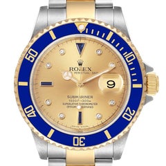 Rolex Submariner Steel Gold Diamond Sapphire Serti Dial Watch 16613 Box Card
