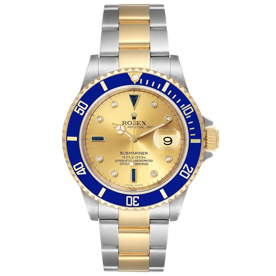 Rolex Submariner Steel Gold Diamond Sapphire Serti Dial Watch 16613 Box Papers. Officially certified chronometer self-winding movement. Stainless steel and 18k yellow gold case 40 mm in diameter. Rolex logo on a crown. Blue insert special time-lapse