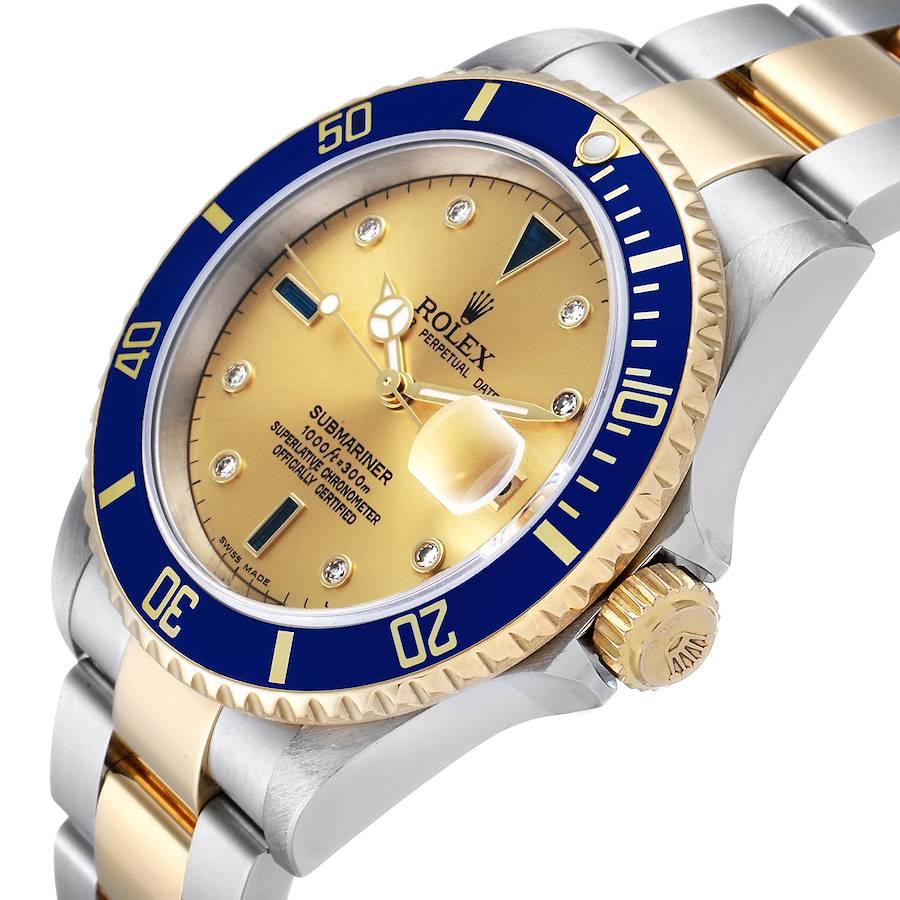 Rolex Submariner Steel Gold Diamond Sapphire Serti Dial Watch 16613 Box Papers In Excellent Condition In Atlanta, GA
