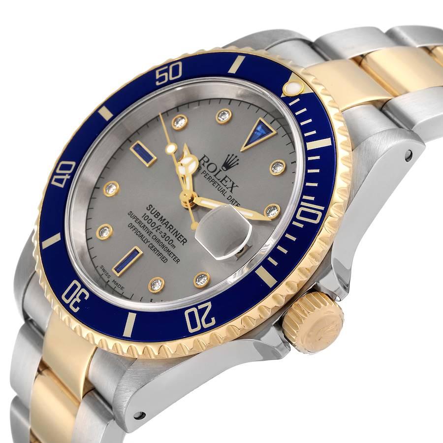 Rolex Submariner Steel Gold Diamond Sapphire Serti Dial Watch 16613 Box Papers 1