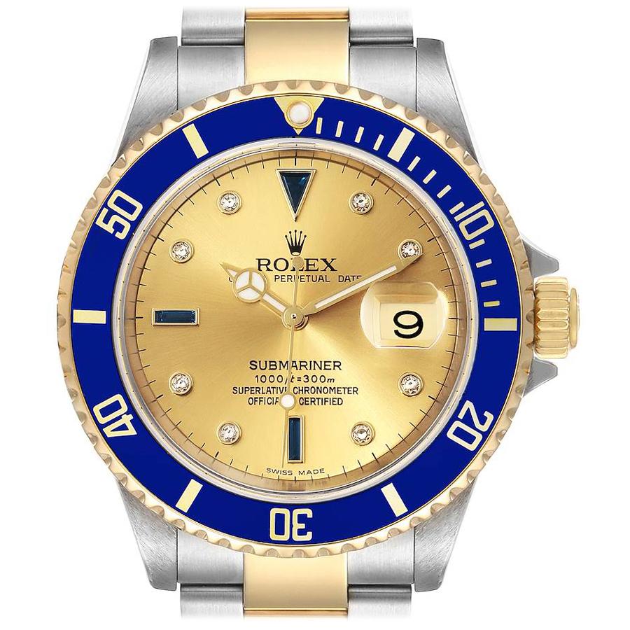 Rolex Submariner Steel Gold Diamond Sapphire Serti Dial Watch 16613 Box Papers