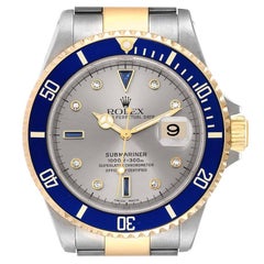 Rolex Submariner Steel Gold Diamond Sapphire Serti Dial Watch 16613 Box Papers
