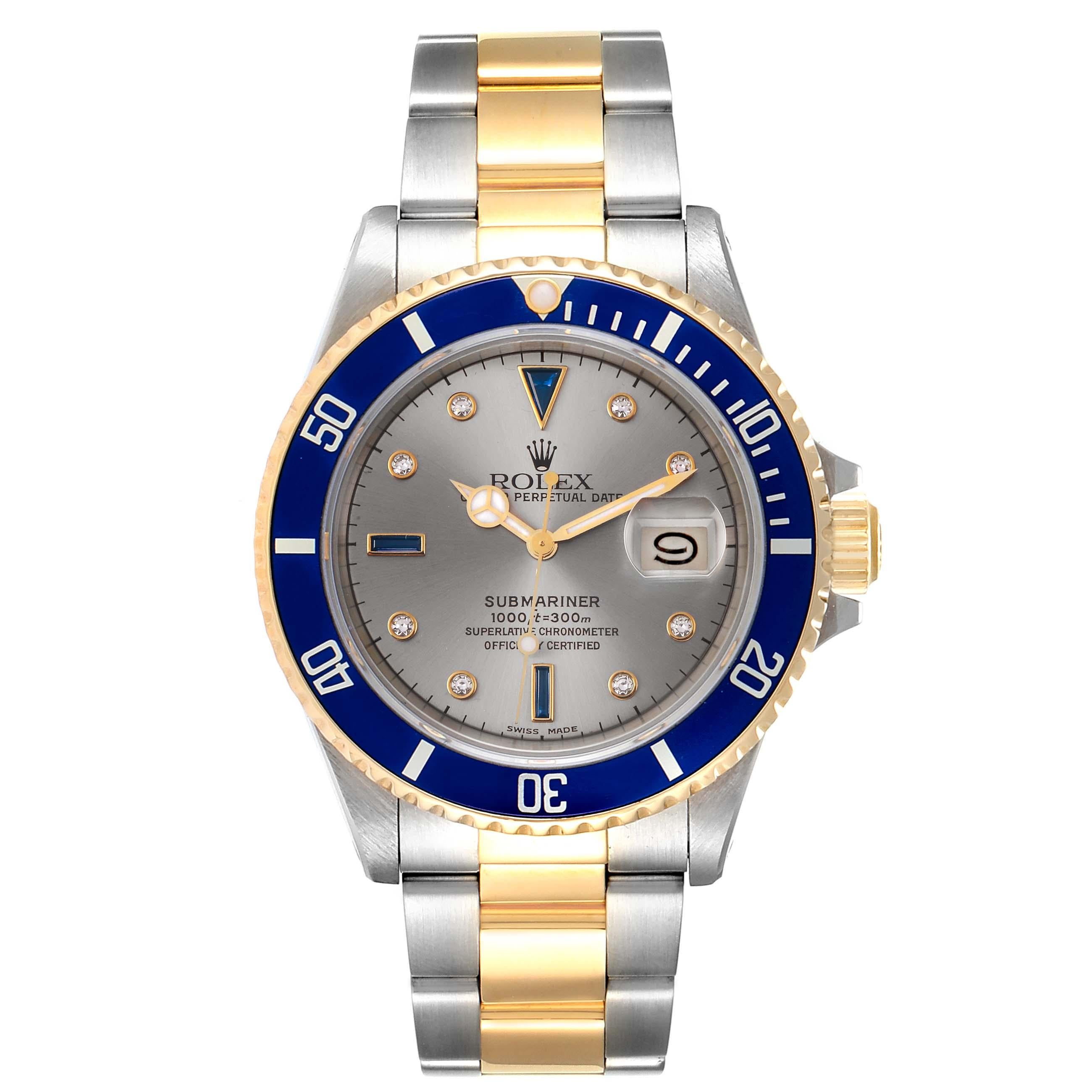 Rolex Submariner Steel Gold Slate Diamond Sapphire Serti Dial Watch 16803. Officially certified chronometer self-winding movement. Stainless steel and 18k yellow gold case 40.0 mm in diameter. Rolex logo on a crown. Blue insert special time-lapse