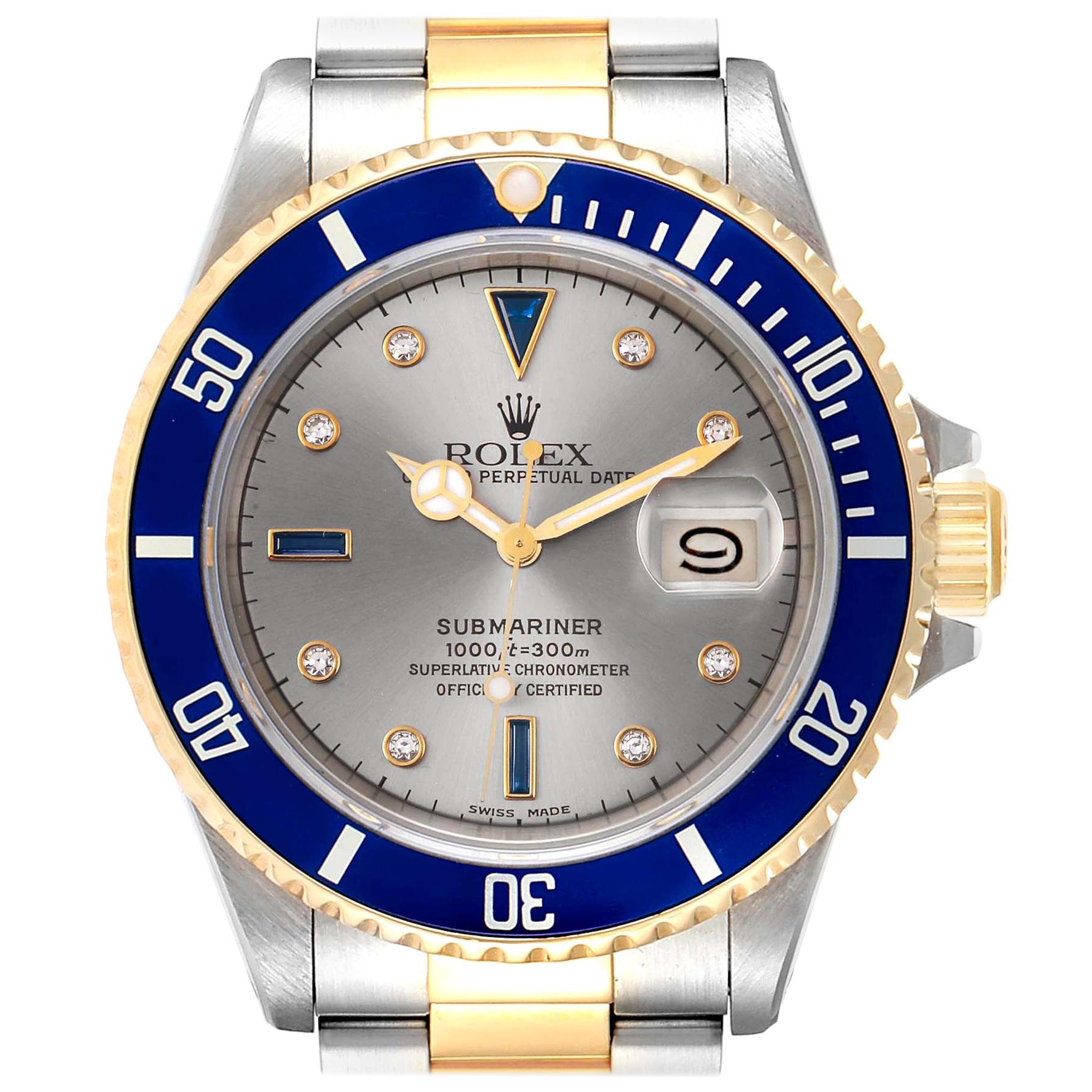 Rolex Submariner Steel Gold Slate Diamond Sapphire Serti Dial Watch 16803