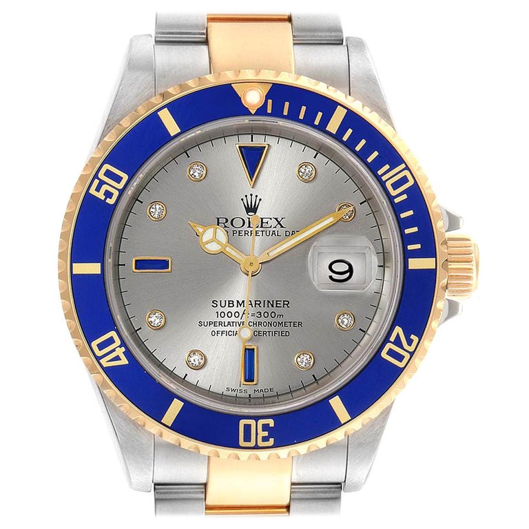 Rolex Submariner Steel Gold Slate Diamond Sapphire Serti Men's Watch ...