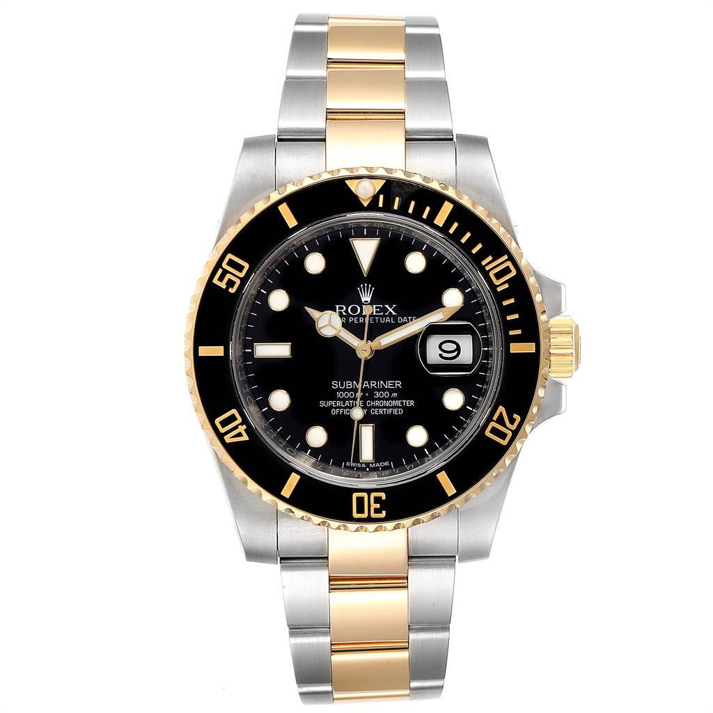 Rolex Submariner Steel Yellow Gold Black Dial Automatic Mens Watch 116613. Officially certified chronometer self-winding movement. Stainless steel and 18k yellow gold case 40 mm in diameter. Rolex logo on a crown. Ceramic black Ion-plated special