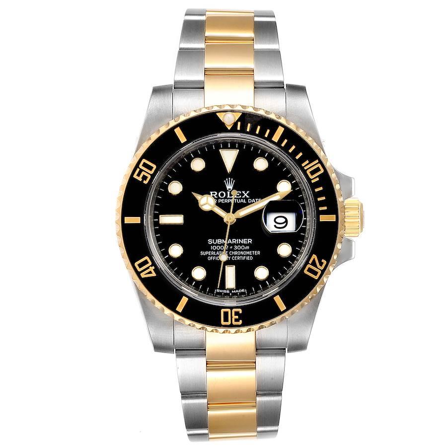 Rolex Submariner Steel Yellow Gold Black Dial Automatic Mens Watch 116613. Officially certified chronometer self-winding movement. Stainless steel and 18k yellow gold case 40 mm in diameter. Rolex logo on a crown. Ceramic black Ion-plated special