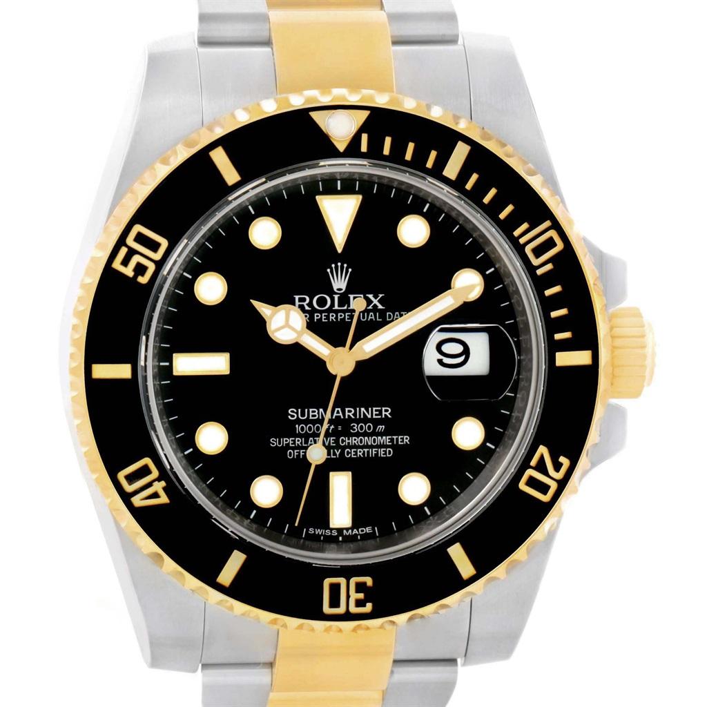 Rolex Submariner Steel Yellow Gold Black Dial Automatic Watch 116613. Officially certified chronometer automatic self-winding movement. Stainless steel and 18k yellow gold case 40.0 mm in diameter. Rolex logo on a crown. Ceramic black Ion-plated