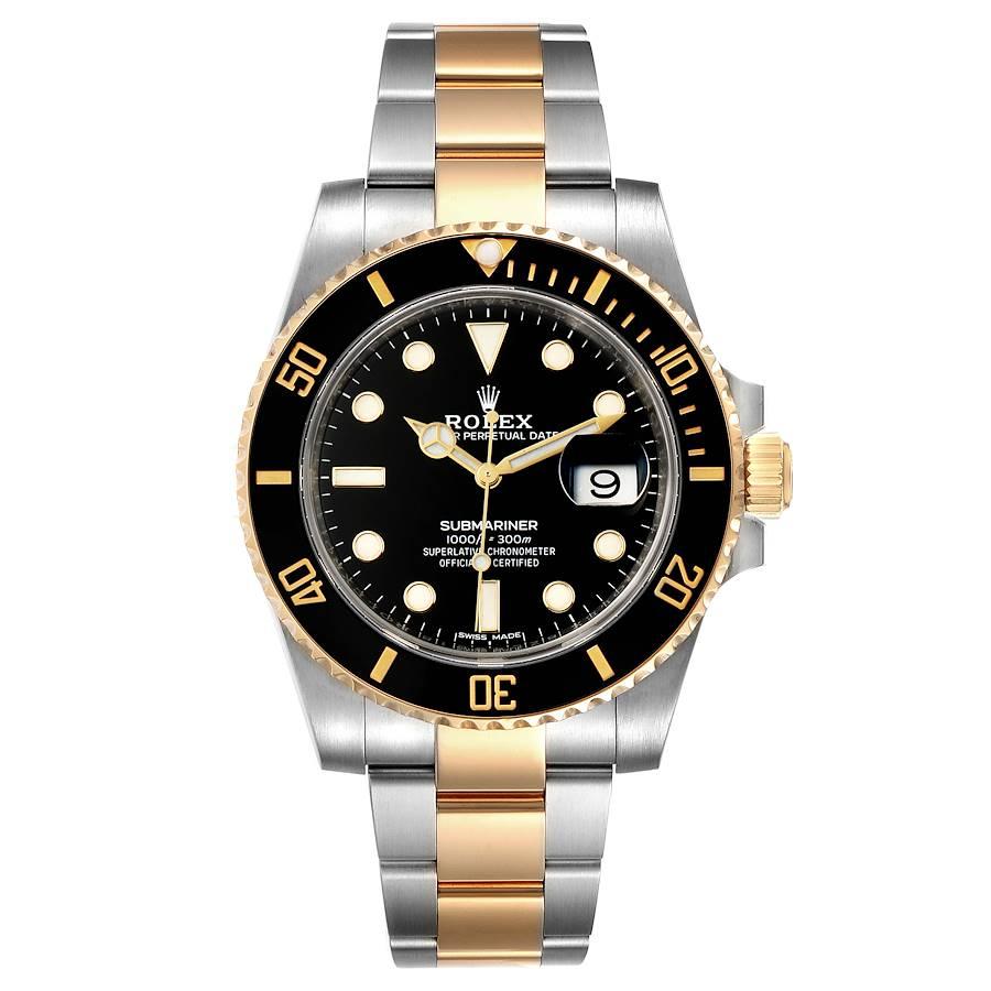 Rolex Submariner Steel Yellow Gold Black Dial Mens Watch 116613 Box Card. Officially certified chronometer self-winding movement. Stainless steel and 18k yellow gold case 40 mm in diameter. Rolex logo on a crown. Ceramic black Ion-plated special